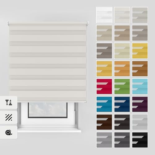 Estika Doppelrollo mit Bohren 140x150 cm Farbe: Ecru, Rollo Deckenmontage und Wandmontage Fenster rollos für innen, Jalousien Fenster, Tür Rollo