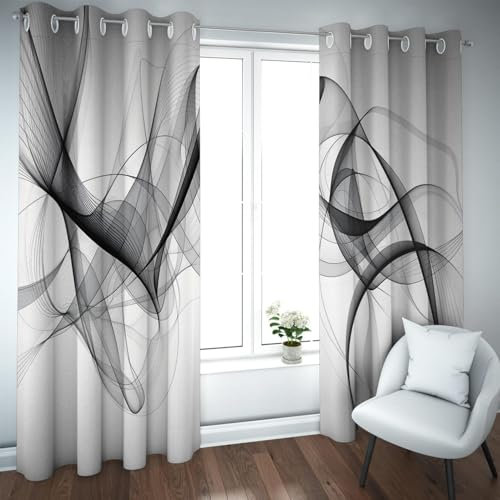 UIRINGART Grauer Verdunkelungsvorhang Schwarzes Band Fenstervorhänge für Wohnzimmer Schlafzimmer Badezimmer Abstrakte geometrische Streifen Terrassentürvorhang 2 Paneele H183xB168