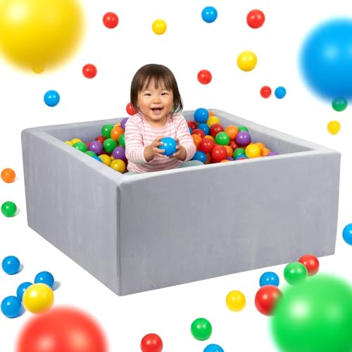 Mimii Bällebad 110x110x40cm Schaumstoff – Samtweich Quadrat Bällepool für Kinder Baby - Ballgruben für Mädchen und Jungen - Weiches und Sicheres Spielzeug – Hellgrau, Ohne Bäll