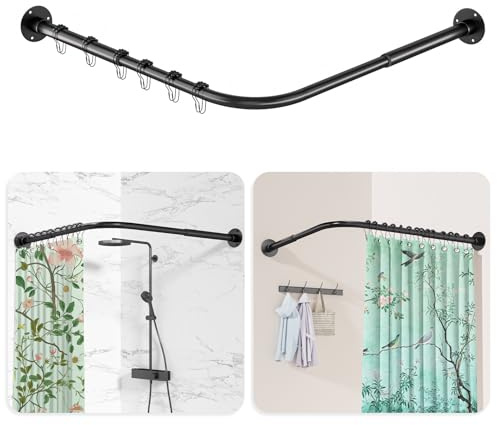 Duschvorhangstange L Form, [60-90 cm] × [60-90 cm] Verstellbare Duschstange Ecke, Duschvorhang Halterung mit 12 ringen & Deckenstütze für Badewanne/Badezimmer, Bohr-Montage Erforderlich, Schwarz