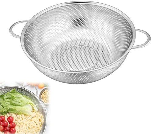 Colador de cocina de acero inoxidable con asas, colador de pasta, colador microperforado, colador de cocina de metal, cesta para escurrir pasta, verduras y frutas, arroz, apto para lavavajillas, 19 cm