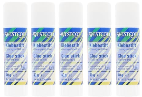 Westcott Klebestift 40g (5er-Set) | Bastelkleber mit 2,5cm transparentem Klebestreifen | Klebt stark und dauerhaft | 100% lösungsmittelfrei | Bei 30° abwaschbar | E-730389 00