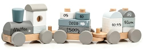 Personalizzabile treno impilabile in legno Blu – faggio FSC, 14 pezzi – da 18 mesi – motricità fine & fantasia – personalizzato con nome & date di nascita – Label Label