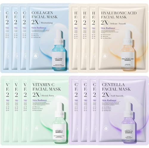 JORUN 16 Pcs Essence Hydrating Sheet Face Mask Set - Korean Sheet Masks Moisturizing,Anti-Aging, Brightening Face Masks Beauty Multipack - Vegan Face Mask Skincare for All Skin Types
