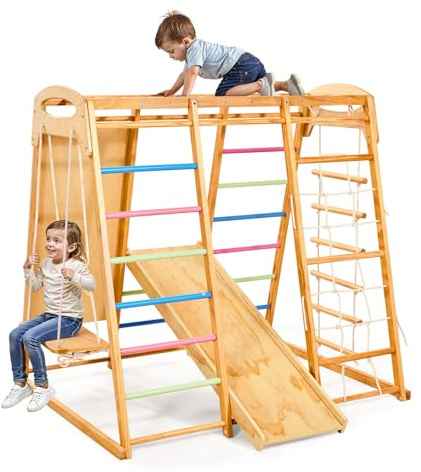 VEVOR Indoor Playground Jungle Gym, 7-in-1 Wooden Indoor Playground for Kids, 250LBS Montessori Climbing Toys Playset with Swing, Monkey Bar, Slide, Wooden Ladder, Rope Ladder, Climbing Net & Rock