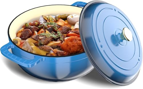 LEADZM Cocotte Fonte Induction 26cm 4,7L | Casserole Induction, Faitout pour Braiser Ragoûts Rôtir Pain (Blue)