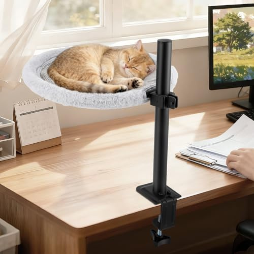 Katzenbett Schreibtisch, Katzenhängematte mit 360° Drehbar Verstellbare Höhe, Katzenbett für Schreibtisch mit Doppelseitiges Kissen, Waschbar Bezug für Zuhause und Büro, bis 20 kg