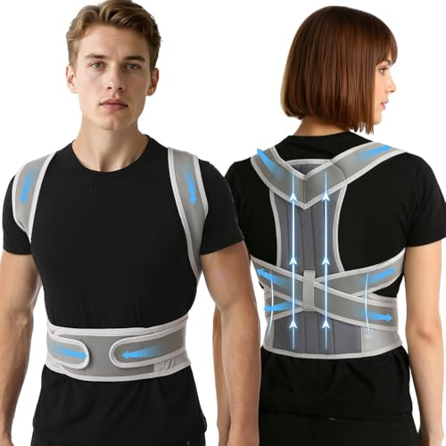 BinWhiz Posture Corrector for Men & Women, Back Brace Support with Adjustable Straps for Upper Back Pain Relief, Shoulder Straightener for Improved Posture(Grey, XL)