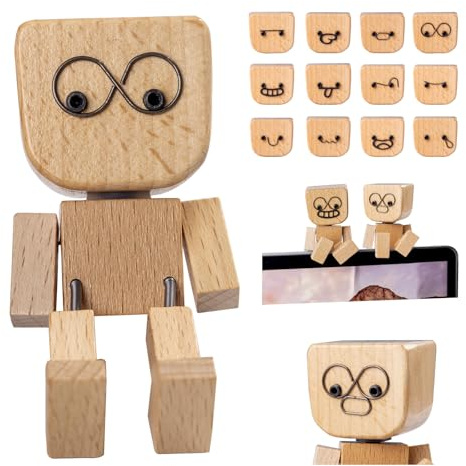 Faunamancy Shaking Wooden Man Figurine with 12 Magnetic Expressions-Handmade Wobbly Figure for Dashboard Decor,Desk Ornament,Car Accessories,Spring-Leg Design,Swaying Wooden Figure,Car Dash & Office