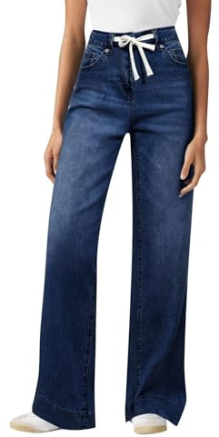 Damjeans hög midja rakt ben, blå denim jeans elastisk midja dra på stretchbyxor full längd Palazzo byxor med dragsko och fickor avslappnad passform denim jeggings, Mörkblått, XXL