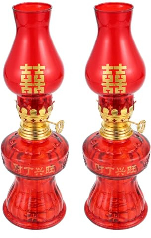 BIUDECO 2 Stück Rote Petroleumlampe aus Glas und Legierung für Hochzeit und Heimdekoration Einfache Bedienung Chinesischer Stil für Festliche Atmosphäre