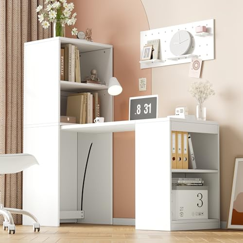 BTM Schreibtisch Klappbar mit Stauraum Schreibtisch Schrank mit Staufächer, Multifunktionaler Klapptisch Weiß 130x51x137cm