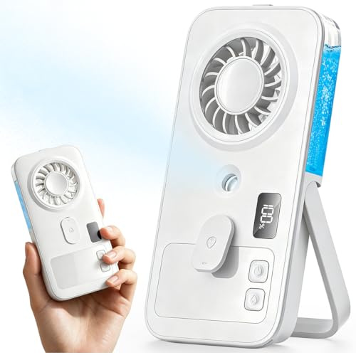 Otlonpe Mini Handheld Portable Mist Fan, Small Rechargeable Handheld Fan with Water Mist Spray, 4 Speeds, LED Display, Foldable Stand, Mini Personal Misting Cooling Fans for Travel (White)