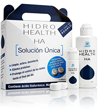 Disop Hidro Health - All in One Soft Contact Lens Solution with Hyaluronic Acid, Antimicrobial Case, Removes Protein Deposits, Compatible with Silicone Hydrogel Lenses, White, 2 x 360 ml + 60 ml