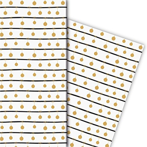Kartenkaufrausch Schickes Streifen Weihnachtspapier, Geschenkpapier Set zu Weihnachten mit Weihnachtskugeln, weiß, für tolle Geschenk Verpackung, Designpapier, scrapbooking, 4 Bogen, 32 x 48cm