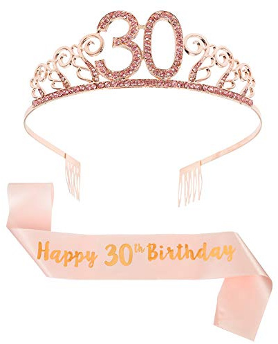 You&Lemon Rose Gold 30th Birthday Sash and Tiara Rhinestone Crown Headband for 30th Birthday Gift and Party Accessories