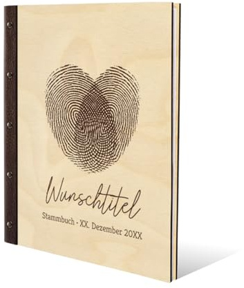 Stammbuch Gravur individuell Birkensperrholz Cover mit Echtleder Rücken inkl. vorgedruckte Seiten und Klarsichthüllen DIN A4 (240 x 310 mm) - Fingerabdrücke