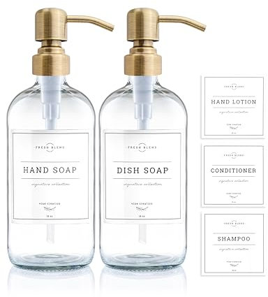 Vine Creations Clear Glass Soap Dispenser, 2 Pack Kitchen Soap Dispenser Set with Stainless Steel Pump, 16 oz Dish Soap and Hand Soap Dispensers for Bathroom with Waterproof Labels