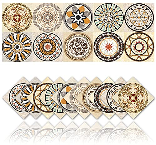 Cendray 20Pcs Adesivi per Piastrelle per Bagno Cucina DIY Antiolio Impermeabile PVC Autoadesivo Decorazione Retro Adesivo da Parete Marocco con Motivo Circolare (20x20cm)