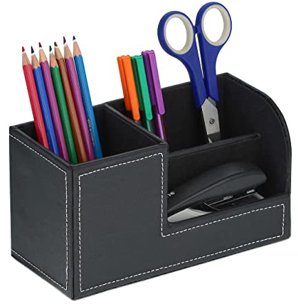 Relaxdays Schreibtisch Organizer, Stiftehalter mit 3 Fächern, schwarz | Kunstleder, HBT: 11 x 20 x 9,5 cm, Büroorganizer
