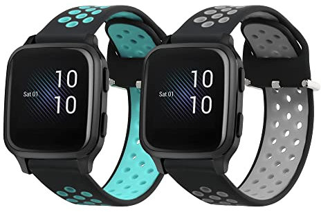 kwmobile Straps Compatible with Garmin Venu Sq Music/Sq Straps - 2x Replacement Silicone Watch Bands - Smartwatch or Fitness Tracker - Black/Grey/Black/Light Blue