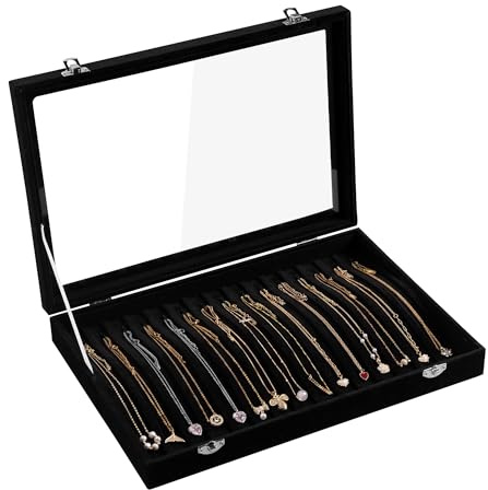 Frebeauty 15 Hooks Necklace Tray Velvet Neckalce Organizer with Clear Lid Lockable Necklace Holder Box Jewelry Organizer for Pendants Chains Necklace Jeweley Tray for Women Girls(Black)