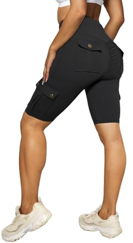 Nuofengkudu Pantaloncini Donna Sportivi Ginocchio Vita Alta Tasche Push up Palestra Shorts Cargo Pantaloni Corti Elasticizzati Moda Calzoncini Running Fitness Jogging Yoga Gym Estivi Nero L