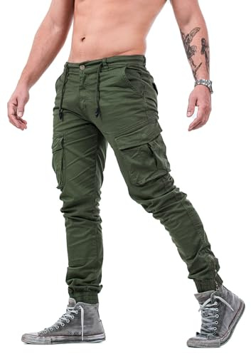 Instinct Pantaloni Uomo Cargo Estivi con Tasche Laterali Lacci in Vita Pants Multitasche Zip alla Caviglia Stile Militare Casual:Pantalone Tasconato Slim Fit in Cotone Primavera Estate 50, Verde K-573