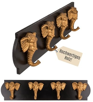 Out of the blue Holz Garderobe mit Elefantenköpfen - Garderobenleiste inkl. Wandhaken für Jacken & Taschen - Exotisches Design & einfache Montage - kompakte Flurgarderobe 48cm
