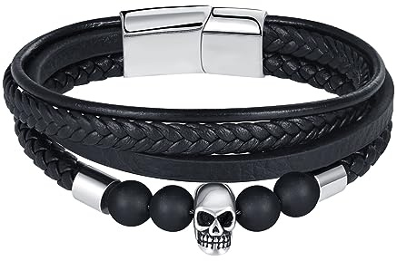 Feilok Skelett Perle Herren Armband Armreif Wickelarmband Manschette Lederarmband für Männer Naturstein Geflochtenes Armband mit Magnet Verschluss