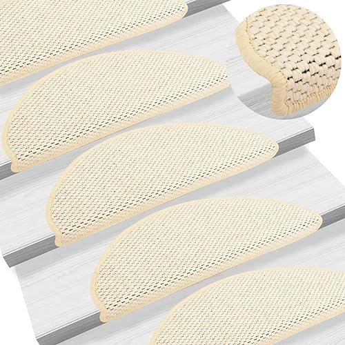Homgoday Selbstklebende Teppiche Treppen Sisal Look 15 Stück 65x21x4cm Creme, warme und bequeme Decke, Hochwertige Decke für Wohnzimmer Büro Schlafzimmer Badezimmer