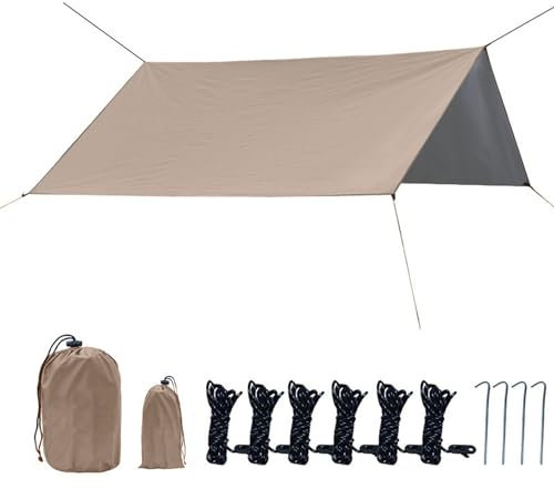 Xafrstyu Zeltplane, Camping Zeltplane, 3m x 3m Tarp Multifunktional Tragbar Sonnensegel, mit 4 Heringe und 6 Seilen Sonnenschutz, für Hängematte, Outdoor Reisen, Picknick (beige)