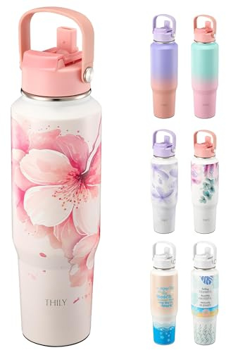 THILY Stainless Steel Sports Water Bottle Vacuum Insulated 40 oz Leakproof Wide Mouth Water Flask with Lid and Straws, Cupholder Friendly, Keep Hot 12 Hours Cold 36 Hours, Cherry Blossoms