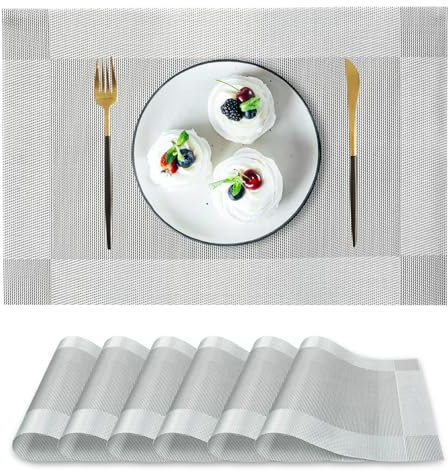 PullinTimes 6er Set Platzsets,Tischsets Abwaschbar aus PVC,Hitzebeständig rutschfest Platzdeckchen Tischmatten, 30x45cm Platz-Matten für Küche(Grau+Silbrig)