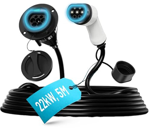 Extensión de cable de carga tipo 2 para coche eléctrico, 5 m, 22 kW, conexión hembra a macho, 3 fases, 32 A, resistente al calor y a la presión, impermeable, certificado CE y UKCA, 5 metros