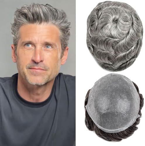 Herren Toupet Haar System für Männer 0,02-0,03mm Ultra-Dünne Haut #1B80 | 100% echtes Echthaar Toupet für Männer Licht 90%mittlere Dichte Haarteil Basisgröße 8x10 Zoll
