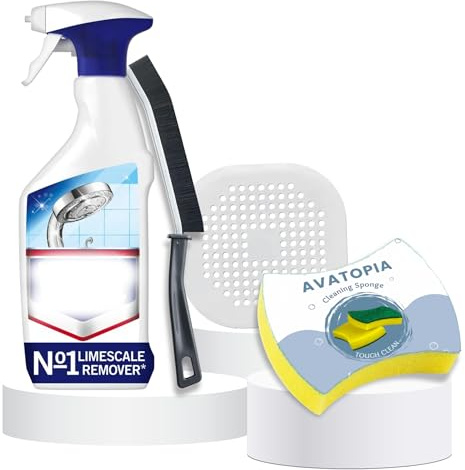 Limescale Remover Spray 500ml with Cleaning Sponge, Crevice Brush & Silicone Drain Protector | Bathroom Cleaner Tools | Kitchen Spray | Shower Cleaner | Limescale Remover for Taps