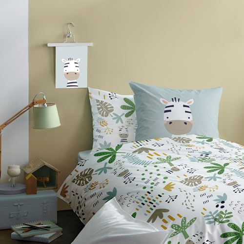 MATT & ROSE Parure de lit Enfant imprimée zèbre JINO 100% Coton | Blanc | Housse de couette 140x200 cm + 1 taie d'oreiller 63x63 cm | Réversible | Fermeture boutons | Certification Oeko-Tex