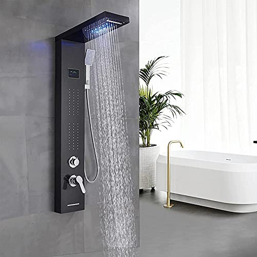Panneau de Douche à LED Noir en Acier Inoxydable avec 5 Fonctions système de Douche pommeau de Douche à Effet Pluie Cascade Jets de Massage Douche à Main ABS Bec de Bain pour Salle de Bain