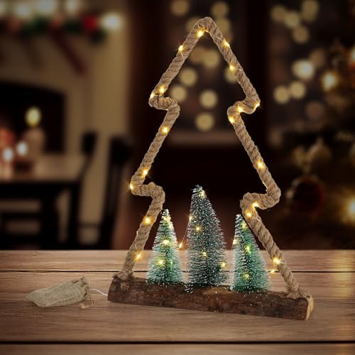 ECD Germany LED Jute Baum mit LED-Beleuchtung 35x6,5x45 cm, Deko Weihnachtsbaum aus Seil mit 45 warmweißen LEDs, 3 Tannen, Jutesäckchen, batteriebetrieben, Timer, Tannenbaum Figur Weihnachtsdeko Innen