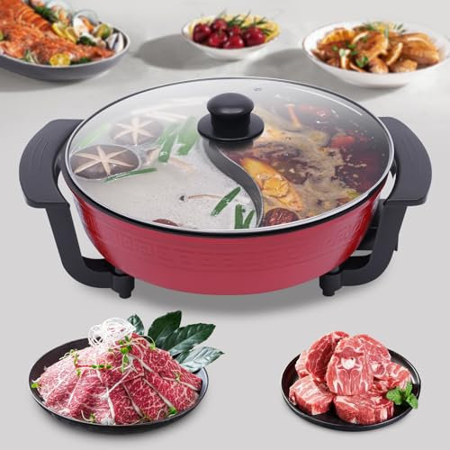 Elektrisch Hot Pot 6L Hotpot Topf Doppelseitig Trennbarer Kochtopf mit 2 Kammern, 1360W Pot Fondue Verstellbarer Thermostat Hot Pot mit Deckel für Party Familientreffen