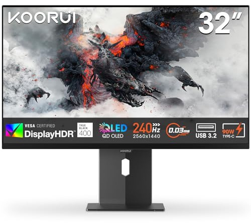 KOORUI S3241XO Ecran PC Gamer 32 Pouces, QD-OLED UHD 3840 * 2160p, 240HZ 0.03ms Gaming Ecran, 100% sRGB 99% DCI-P3 280cd/m², HDR True Black 400, Adaptive Sync, 2xHDMI 2.1/1xDP1.4, USB-C(90W)