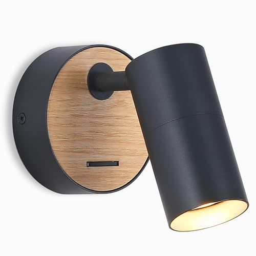 WoodBee Light Verstellbare schwarze Aluminium-Wandlampe mit Holz GU10 Wandspot Leselampe mit Schalter Innen ohne Leuchtmittel