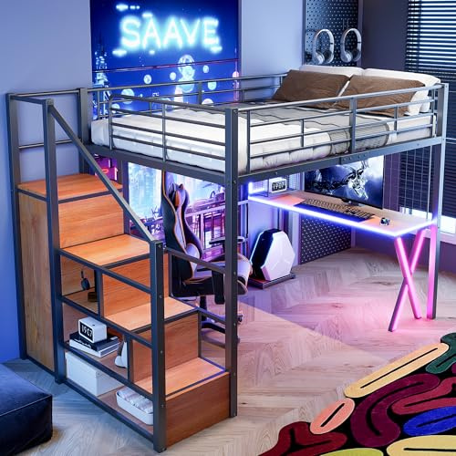 Arhatreya Hochbett 140x200 cm, Kinderbett mit Schreibtisch, Metallbett mit Ablageleiter, Jugendbett mit Kleiderschrank, Einzelbett mit Regale, Bett für Jugendliche(Ohne Matratze) Metall Schwarz