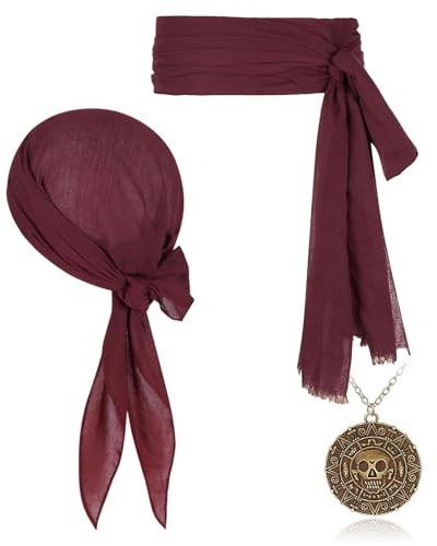 FUIPVGI 3 Stück Pirate Accessories,Piraten Kopftuch Gürtel Schärpe Totenkopf Halskette,Mittelalter Piratenkostüm Zubehör Set,piraten Accessoires für Halloween Cosplay Party(Weinrot)