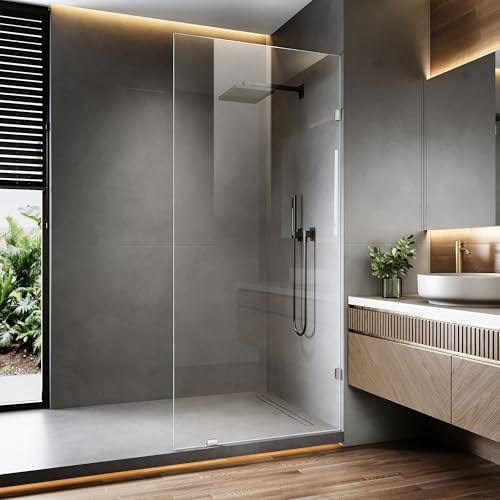 AquivaCoast 36 x 78.75 Shower Glass Panel, 3/8 (10mm) Ultra-Clear Tempered Glass with Explosion-Proof Film Shower Screen, Includes Wall Clamps, Chrome