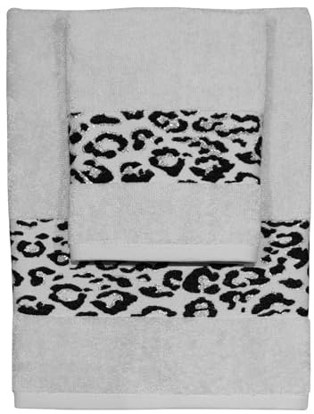 CA' D'ORO Asciugamano da bagno, Set di due asciugamani da bagno Viso e Ospite 100% cotone (Grigio Perla, Leopard)