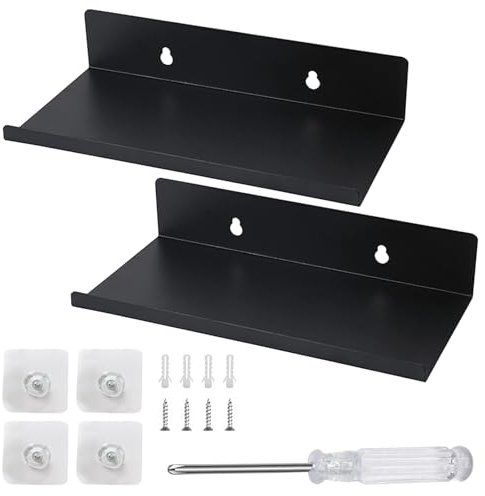 2 Stück 20cm Schwarze kleine Wandregale, Selbstklebend Kleines Wandregal Schwarz Metall, Schwebendes Regal Badezimmer, Maximale Belastung 10 kg, Ohne Bohren Regal Wand Bad für Bad Küche Büro (Schwarz)