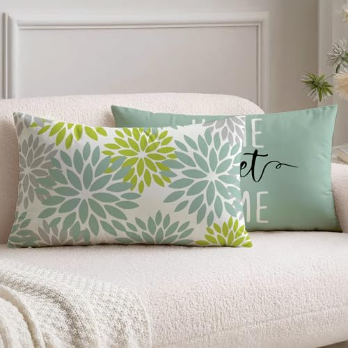 Vorysum Outdoor Kissen 30x50 cm 2er Set Grün Modern Kissenbezüge Dahlien Kissenbezug Blumen Dekorative Sofakissen Samt Optik für Garten Sofa Wohnzimmer Bett Doppelseitiges Muster