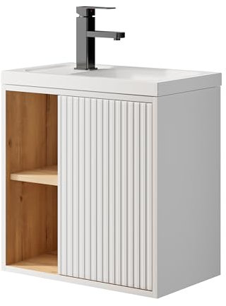 UEV Mobile Bagno con Lavabo in Resina, Mobiletto Bagno Sospeso con Unico Design e Praticità, Motivo a Righe Verticali, 50,5 x 30 x 50 cm, Bianco